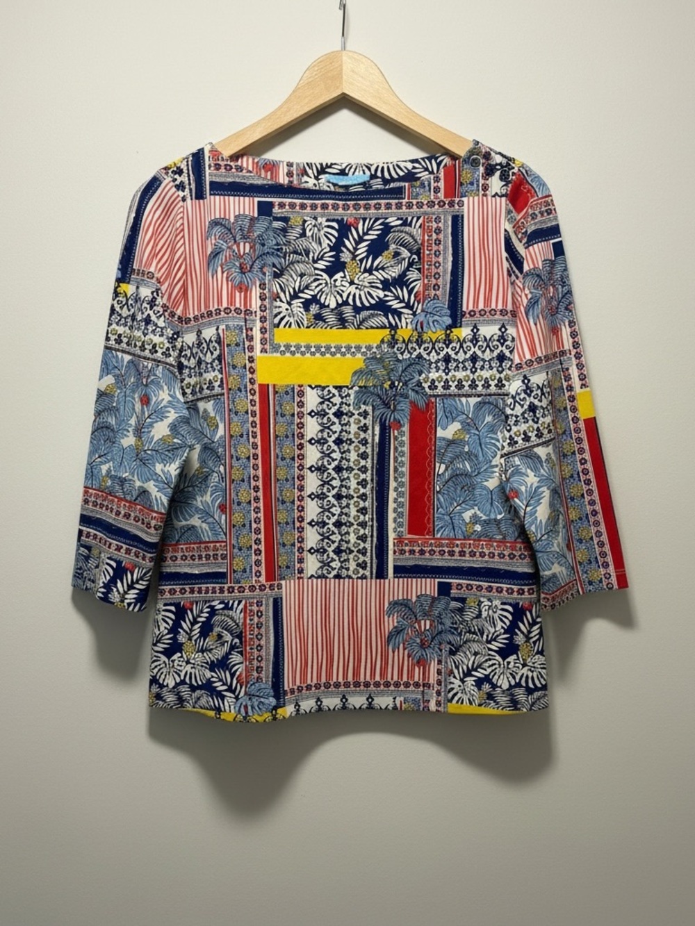 J. McLaughlin Patchwork Tropical Boatneck Blouse 3/4 Sleeve